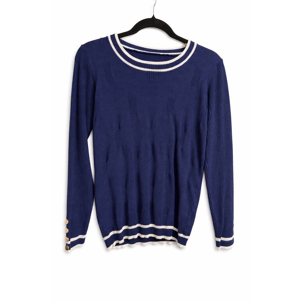 AKEWEI Old Money Coastal‎ Prep Sweater Small Navy White Trim Gold Button Knit